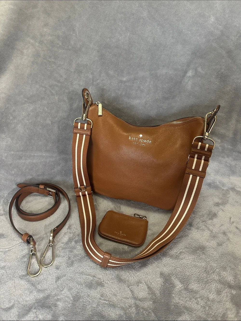 kate spade Brown Pebbled Leather Crossbody with Striped Strap